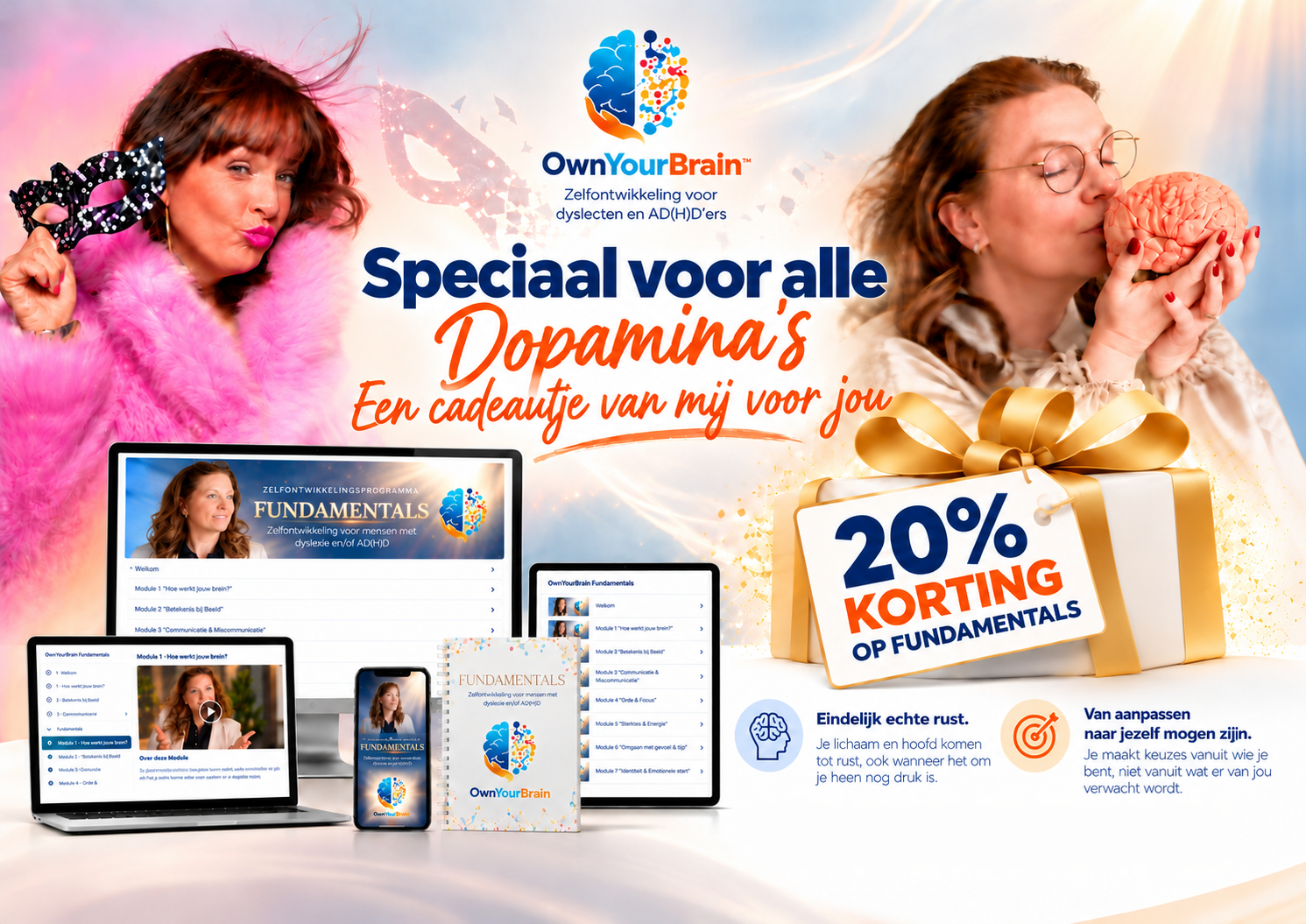 Flyer: 20% korting op Fundamentals, speciaal voor alle Dopamina's — een cadeautje van Bianca van OwnYourBrain
